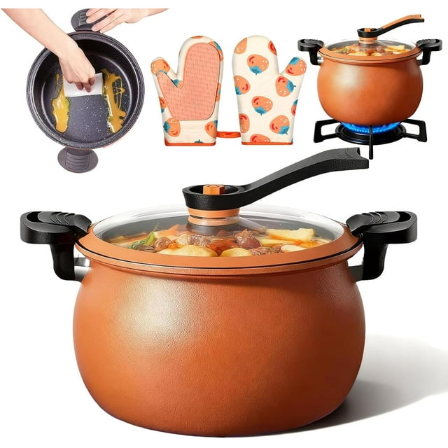 Multifunctional Large Capacity Non-stick Pressure Cooker, 8 Qt Micro Pressure Cooker with Visible Transparent Glass Cover, Anti-Scalding Handle for Culinary Styles (Orange)