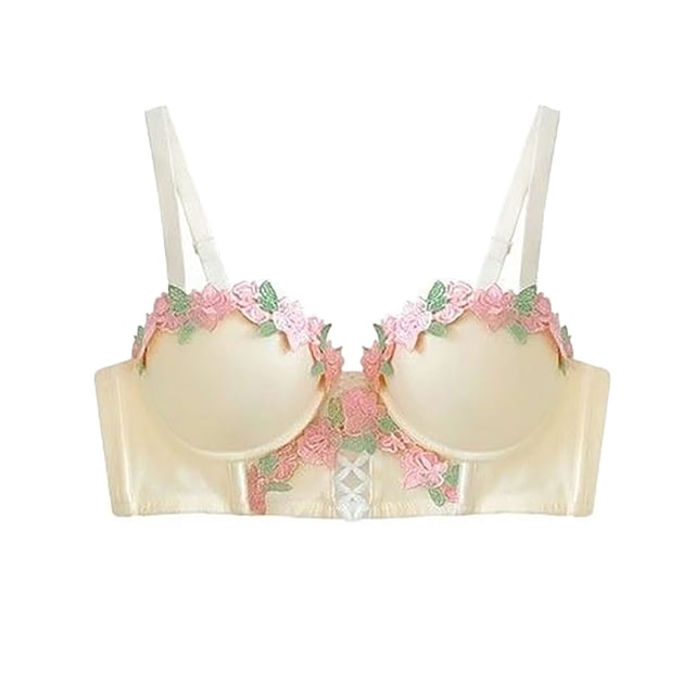 Brasier Tela de Mantequilla Lencería Estilo Pure Desire para Mujer, Sujetador Retro Fruncido Pequeño con Bordado de Flores Extra Grande