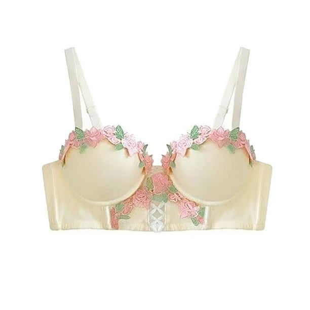 Brasier Mujer Tela de Mantequilla Lencería Estilo Pure Desire para Mujer, Sujetador Retro Fruncido Pequeño con Bordado de Flores Mediana