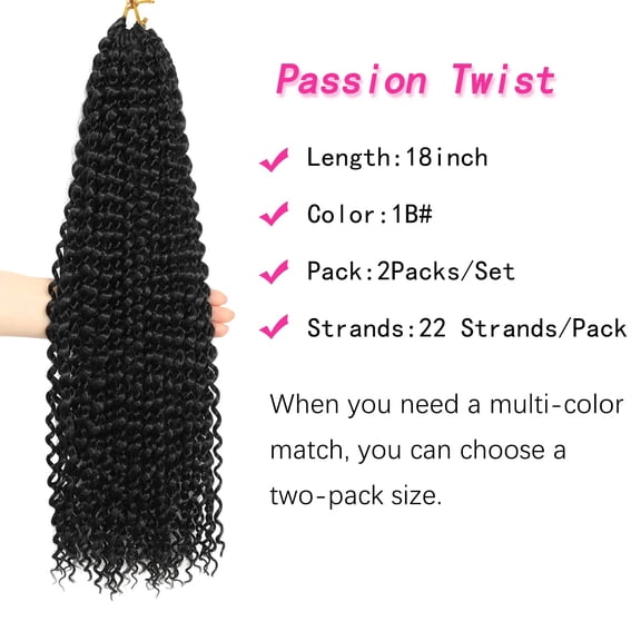 WEIF-18 Inch Passion Twist Hair, Water Wave Crochet Hair for Women Black Passion Twists Braiding Hair Long Bohemian Synthetic Hair Extensions Passion Twist Crochet Hair (18 Inch (Pack of 2),1B)