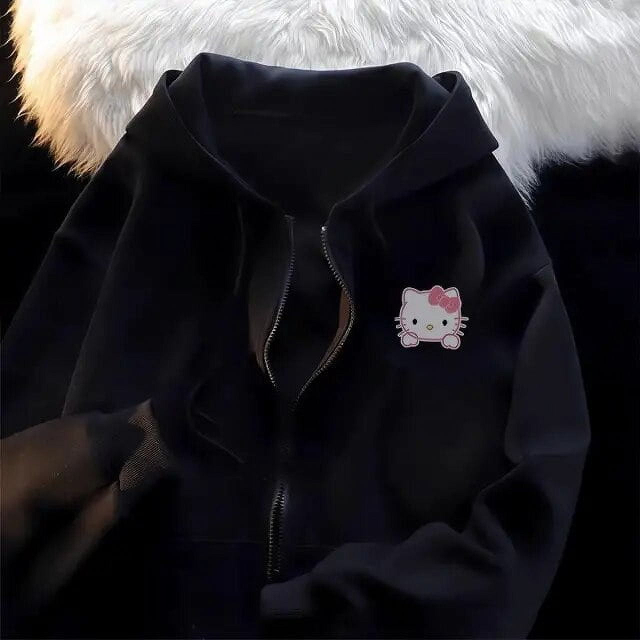 Sanrio Hello Kitty Zip Up Black Hoodie Female New Oversize Korean