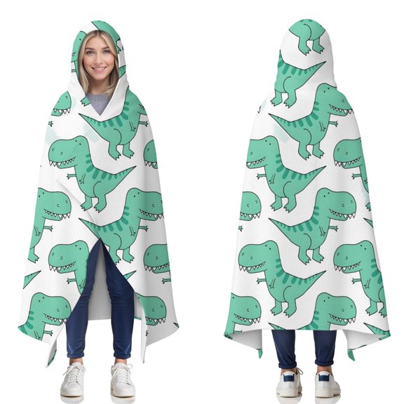 Wearable Blanket,LightGreen Cartoon Dinosaurs Pattern Hooded Wearable Flannel Blanket for Adults & Teens,Winter Poncho Shawl Wrap Cape Cozy Anti-Pill,50"x60"