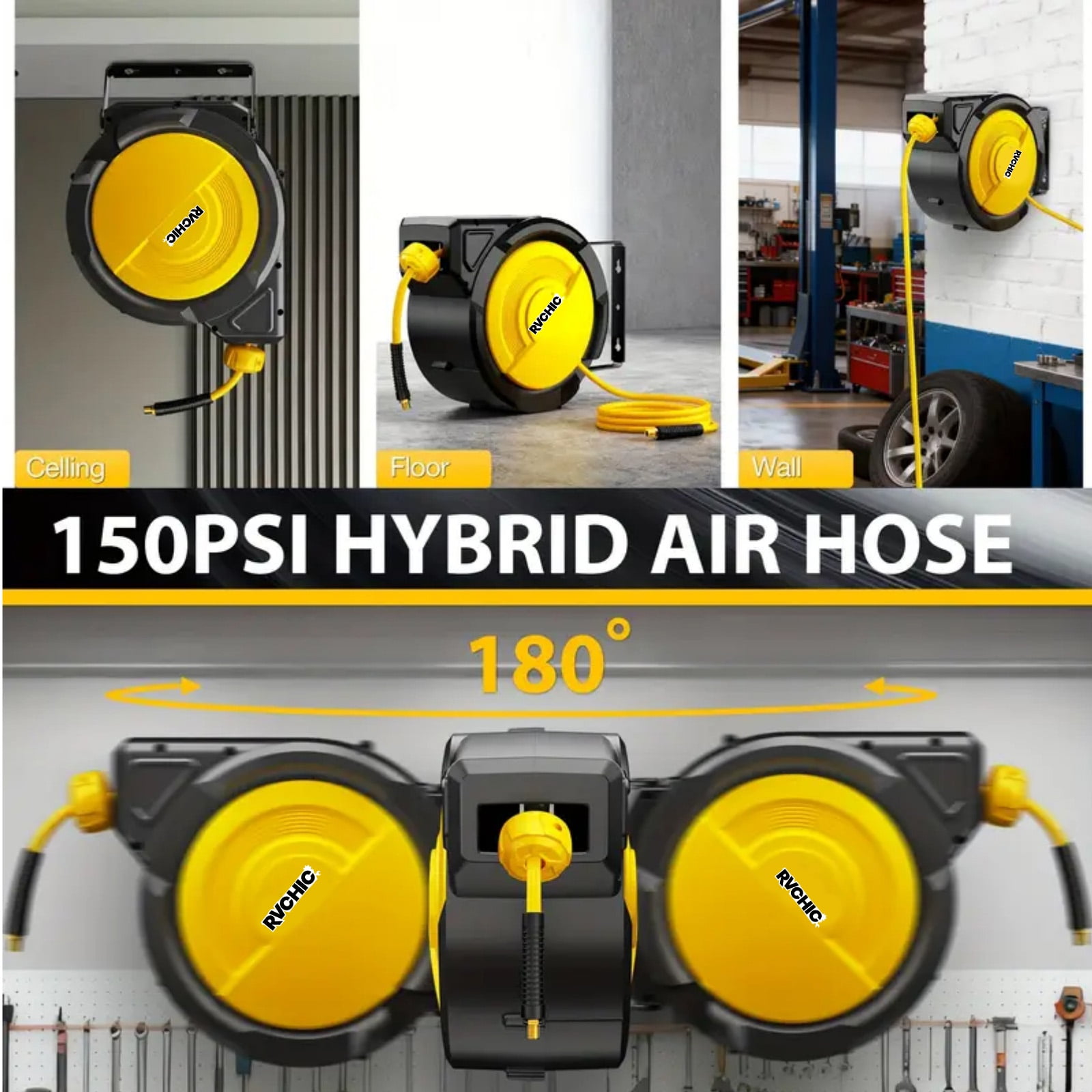 Rvchic 5/16"x65 ft Retractable Air Hose Reel with 180°Swivel & Lock,300 PSI Pneumatic Hose Reel with 6.5ft Lead-in,Any Length Lock,for Automotive Maintenance,Yellow
