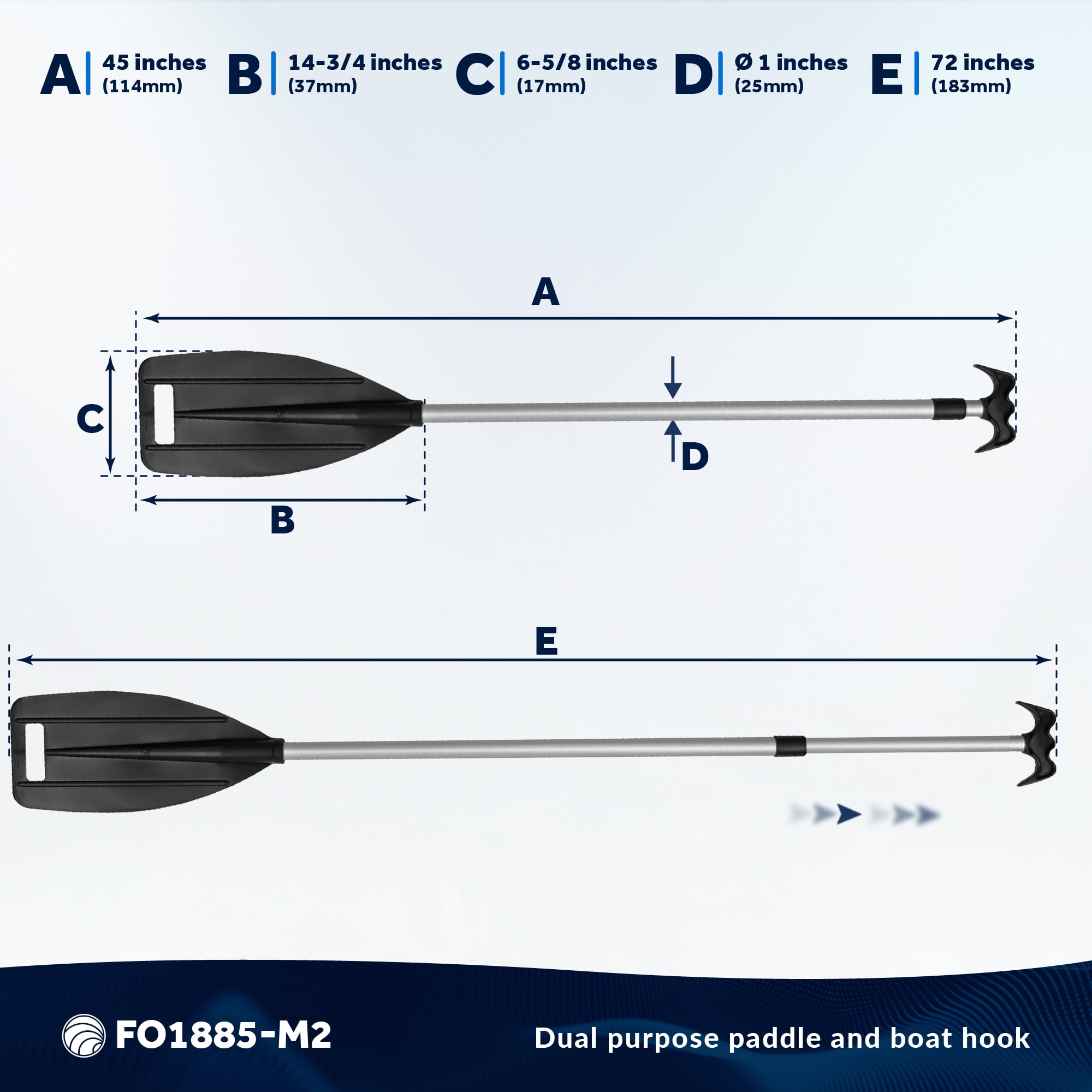 Five Oceans Canoe Paddle, 2-Pack Telescoping Canoe Paddles and Boat Hook, Black, Extend from 3.75 Ft. (45-inch) to 6 Ft.(72-inch), Aluminum Shaft, Reinforced Blade & Hook, Lightweight - FO1885-M2