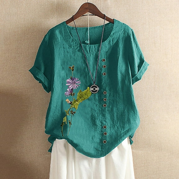 Womens Blouse,Women's Summer Casual Round Neck Short Sleeve Flower Printing Loose Shirt Tops