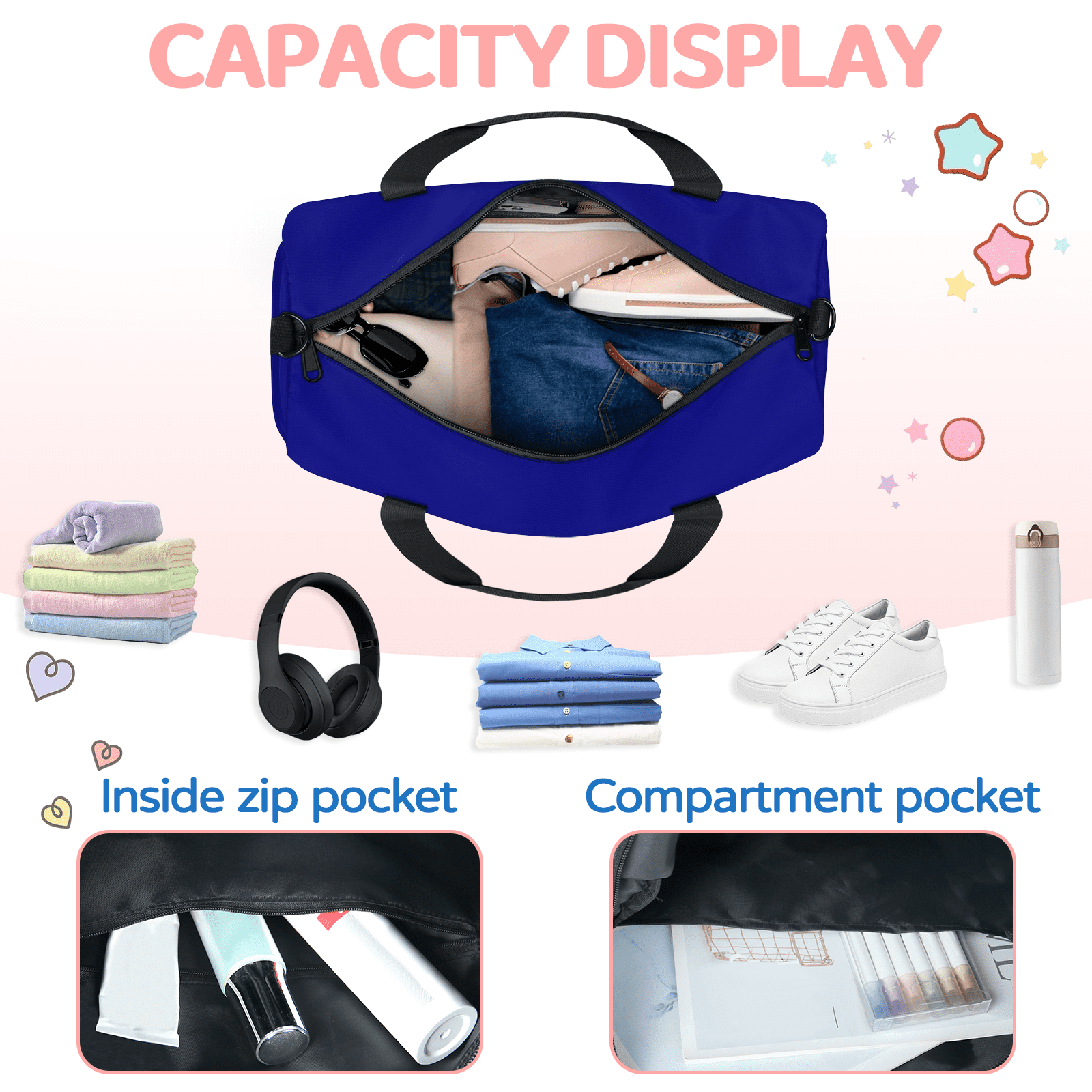 Herdesigns Navy Blue Travel Duffle Bag Sports Yoga Weekender Overnight Carry on Workout Bags Lightweight Waterproof Gym Tote Bag for Women