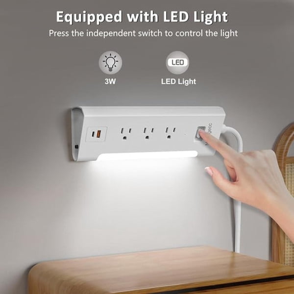 Angled 3 Outlet Power Strip - Built in USB A/C Port - Integrated LED Light - 300 Joules Surge Protection