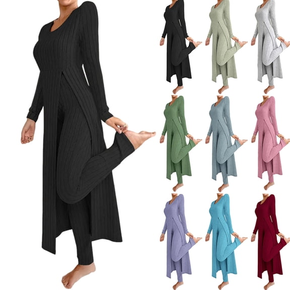 Pajama Sets for Women 2 Piece Ribbed Knit Loungewear Sets Long Sleeve Split Tunic Top High Waist Skinny Pants 2 Piece Outfits L