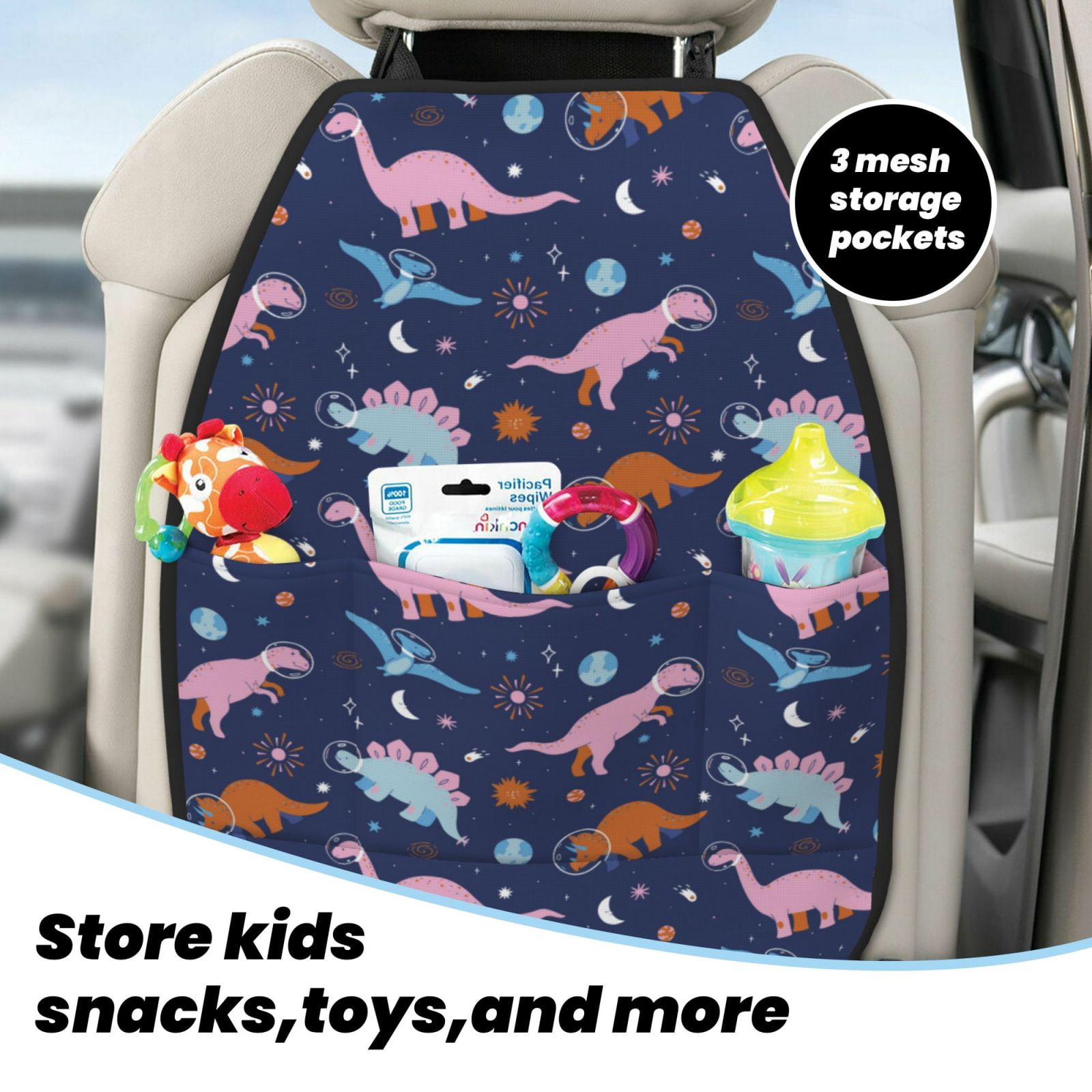 Kdxio Dinosaur Print 2 Pack Car Kick Mat Seat Cover Back Protector Mat with Pockets for Organizer Backseat Protector and Storage Anti Kick Pad for Vehicles