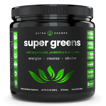 NutraChamps Super Greens Powder Premium Superfood | 20+ Organic Green Veggie Whole Foods | Wheat Grass, Spirulina, Chlorella & More | Antioxidant, Digestive Enzyme & Probiotic Blends