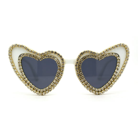 Womens Rhinestone Jewel Trim Classic Cat Eye Heart Shape Sunglasses White Black