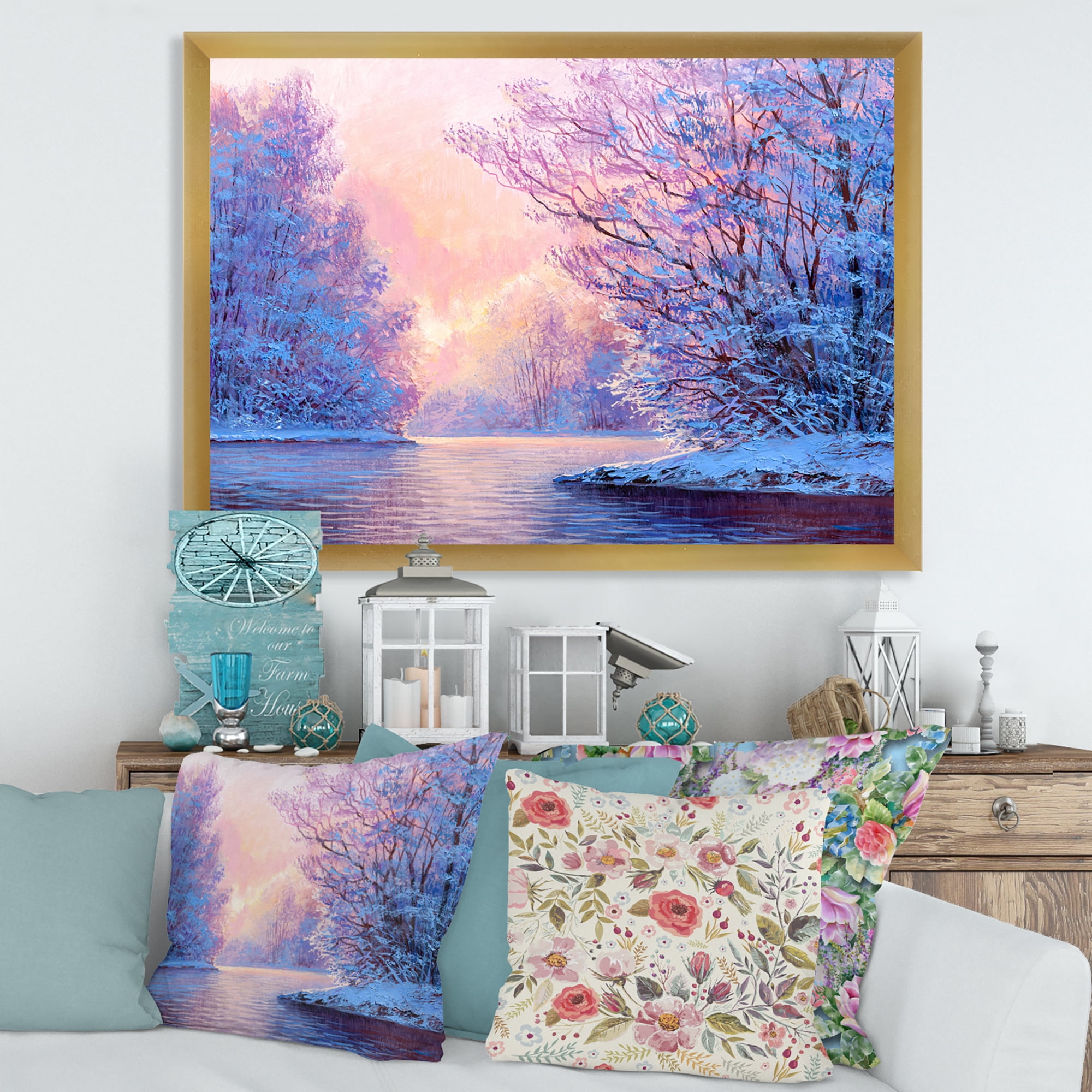 Designart 'The River Original With Winter Landscape' Lake House Framed Art Print