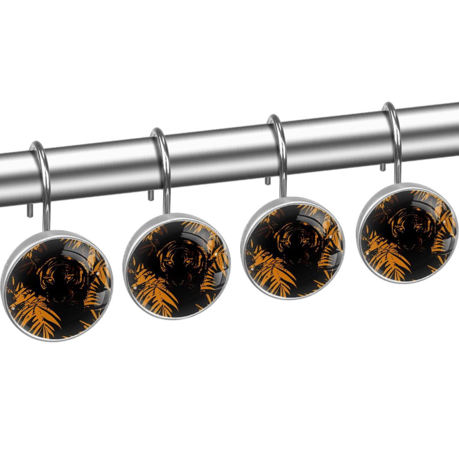 Tiger Tropical Leave Silhouette Shower Curtain Hooks Round Crystal Glass, Set of 12 Shower Curtain Rings - Shower Hooks for Curtain Shower Rings