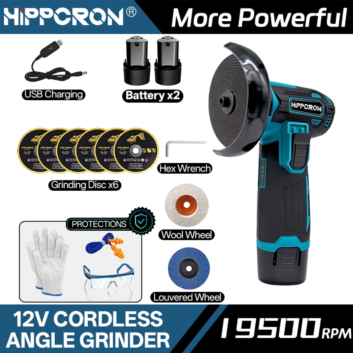 HIPPCRON 12V 3" Cordless Angle Grinder, 19500RPM, 2x Batteries, with Grinding Discs, Polishing Wheels and Wrench
