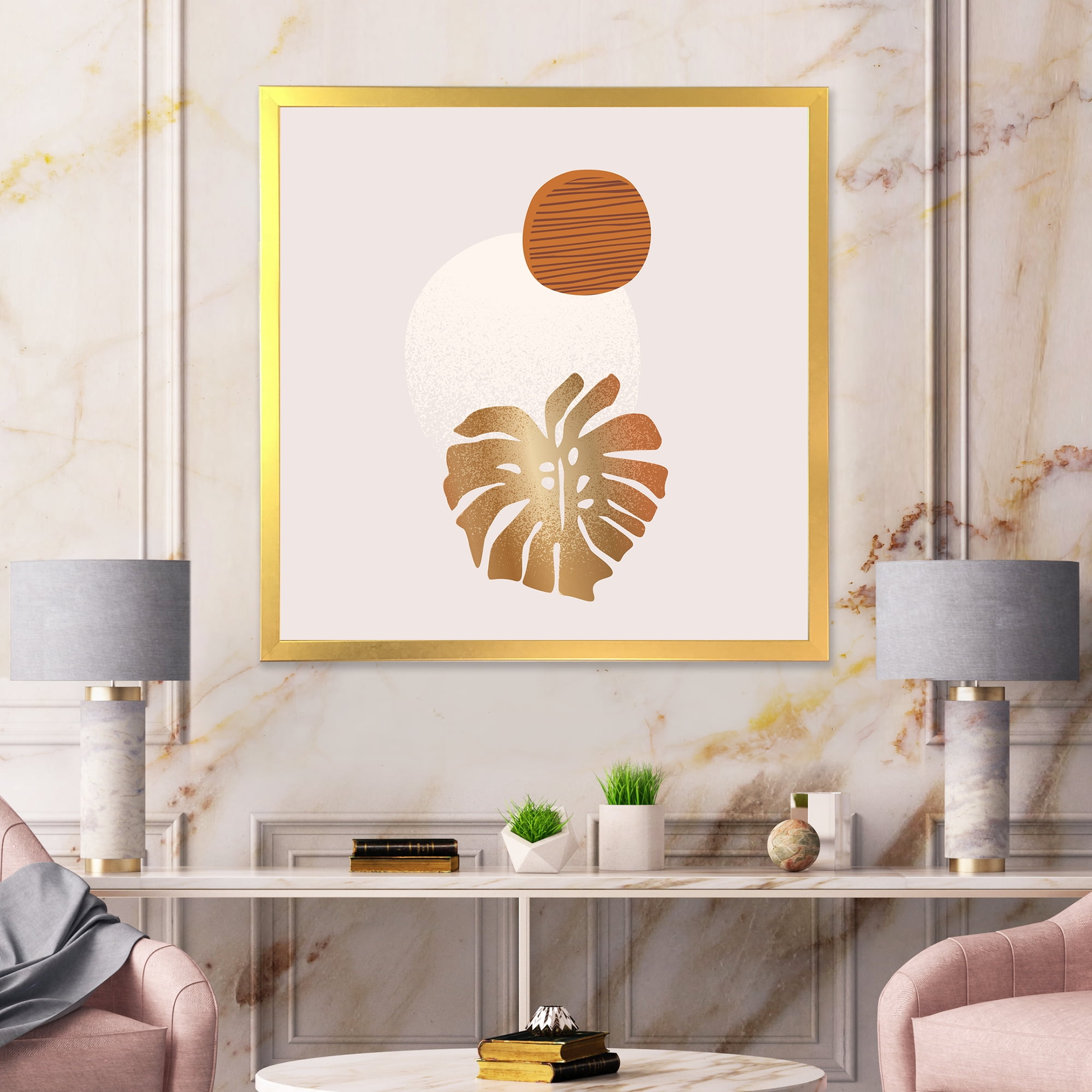 Designart 'Abstract Geometry Shapes and Tropical Palm Leaf II' Modern Framed Art Print