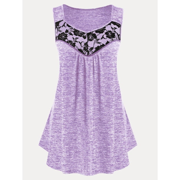 Tank Top de Algodon de Talla Extra con Encaje de Teñido Rosegal Camisetas sin mangas de talla grande