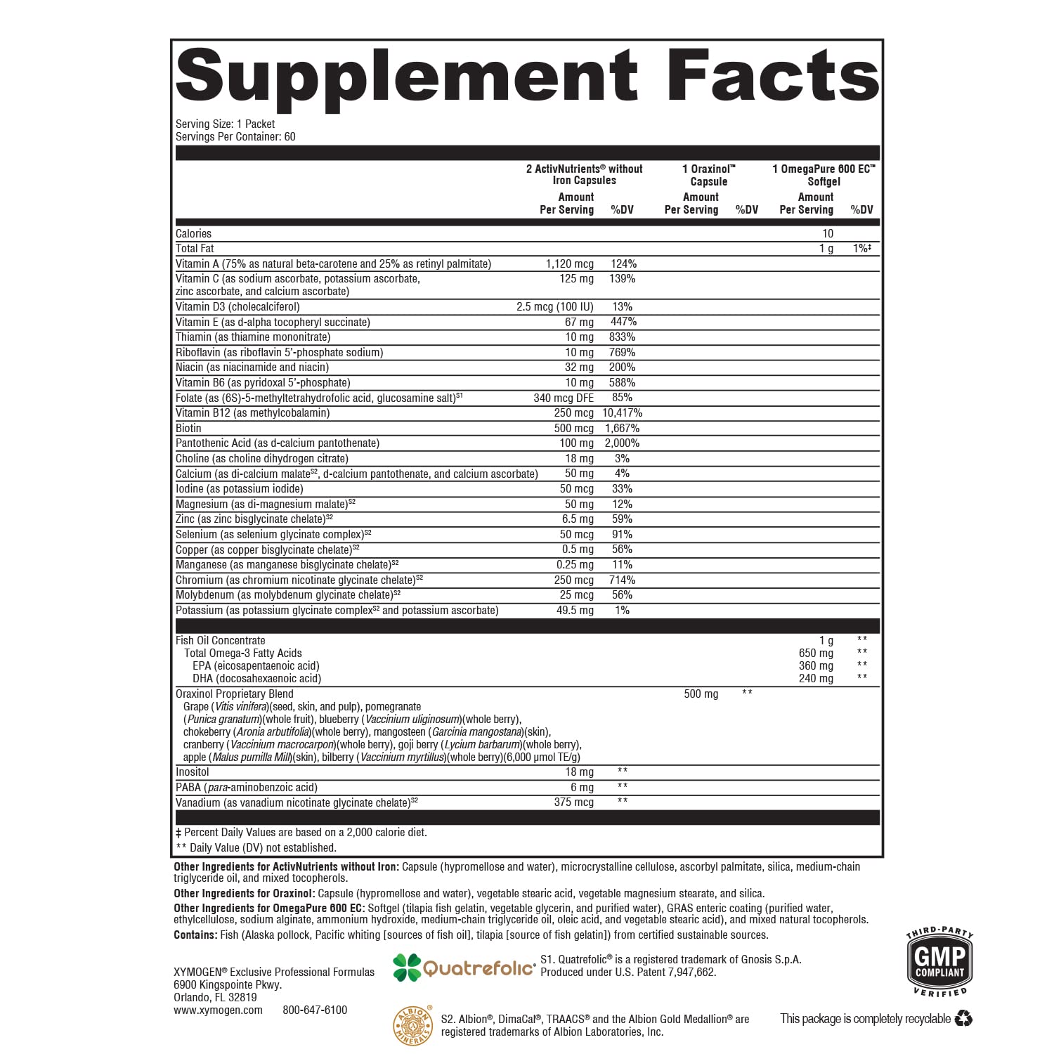 XYMOGEN ActivEssentials - ActivNutrients Iron-Free Multivitamin, Omega-3 Fish Oil & Calcium Complex - Nutritional & Antioxidant Support - Daily Dose Pack - Iron-Free & Gluten-Free - 60 Packets