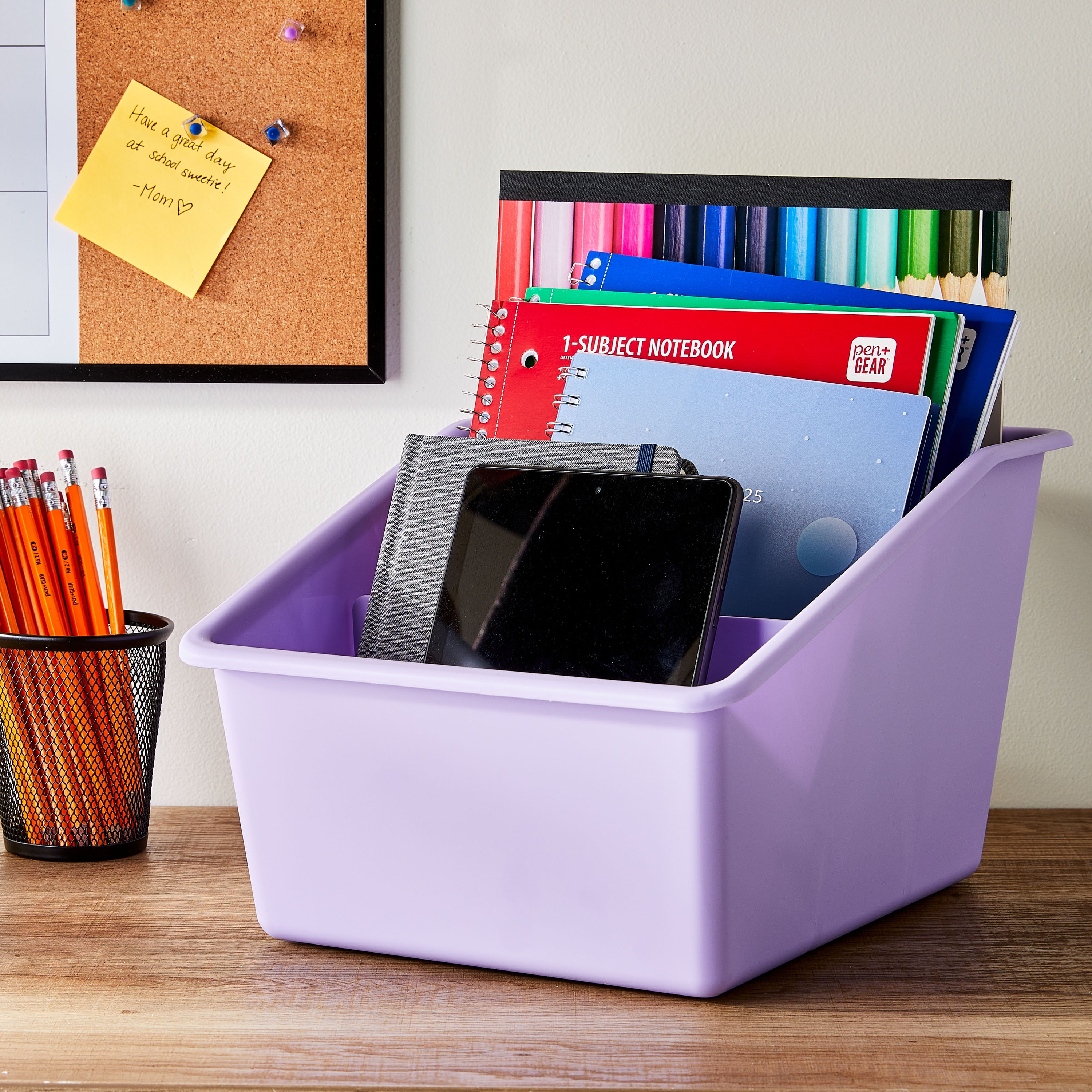 (6 pack) Pen+Gear Large Book Bin with 2 Removable Dividers, Desktop Organizer, Lavender