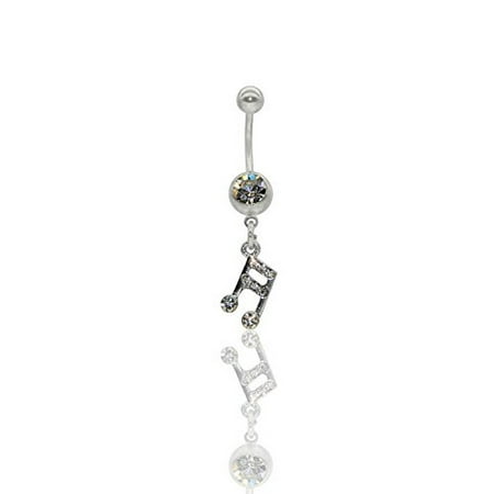 Surgical Steel Belly Bars Musical Note Dangle Hypoallergenic Surgical Steel Rhodium Plated 14G 3/8 Bar Length Belly Button Ring With Cubic Zirconia Stones (Small White) ()