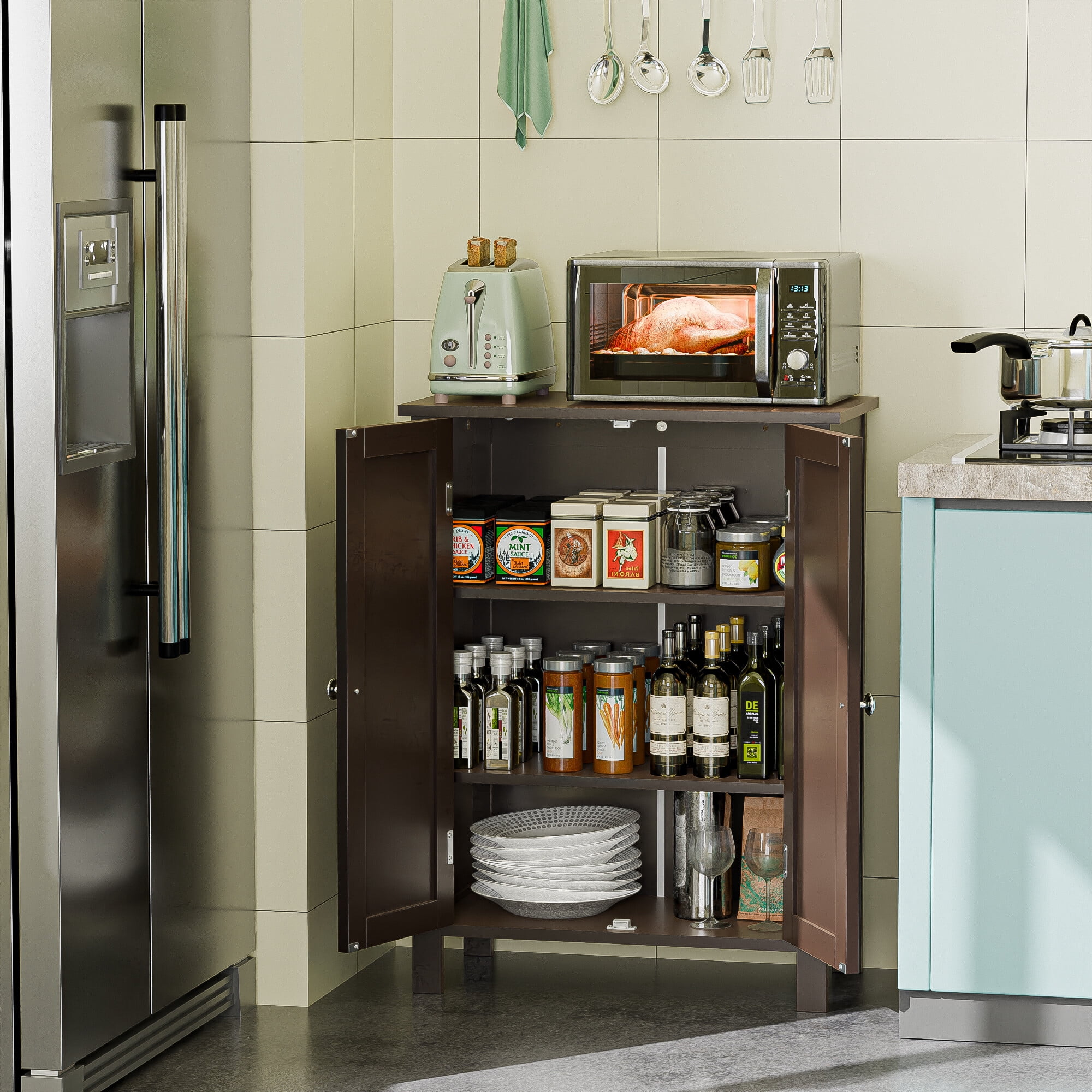 HomGarden 2-Door Bathroom Floor Storage Cabinet Side Cupboard W/ Adjustable Shelves,Brown