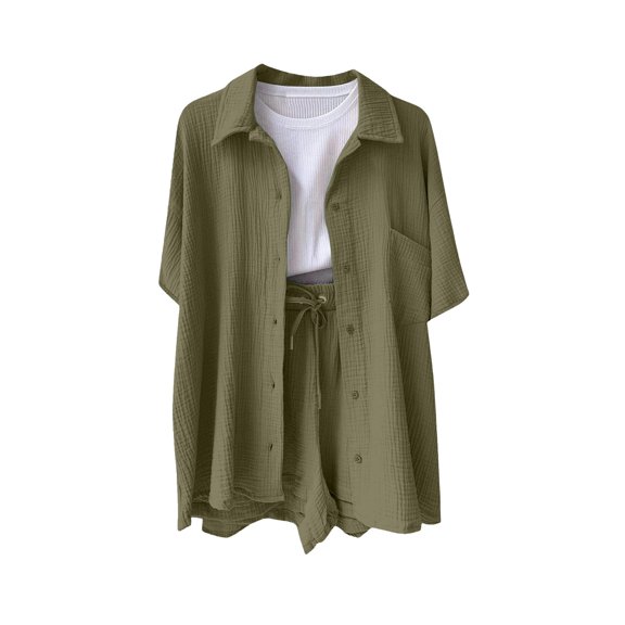 PNTUTB Women's Casual Solid Color Loose Collared Short Sleeve Pocket Shirt with Elastic Waist Drawstring Shorts Set