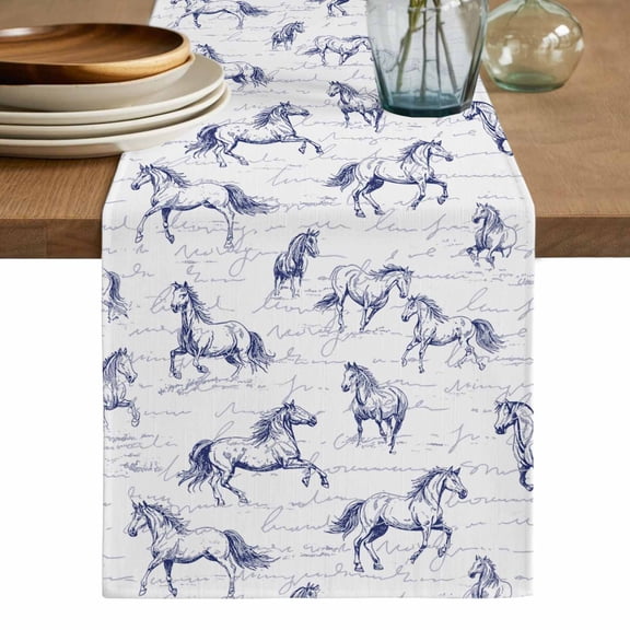 Blue Horse Table Runner, Watercolor Vintage Animals Washable Cotton Linen Table Runners 120 Inches Long, Dresser Scarf Runner for Dining/Living Room/Kitchen/Square Tables 13''x120''