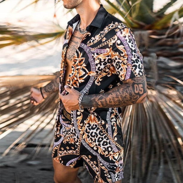 Conjunto Camisa Y Pantalón Corto Hawaiano Para Hombre - Estilo Verano, Cómodo Y Fresco