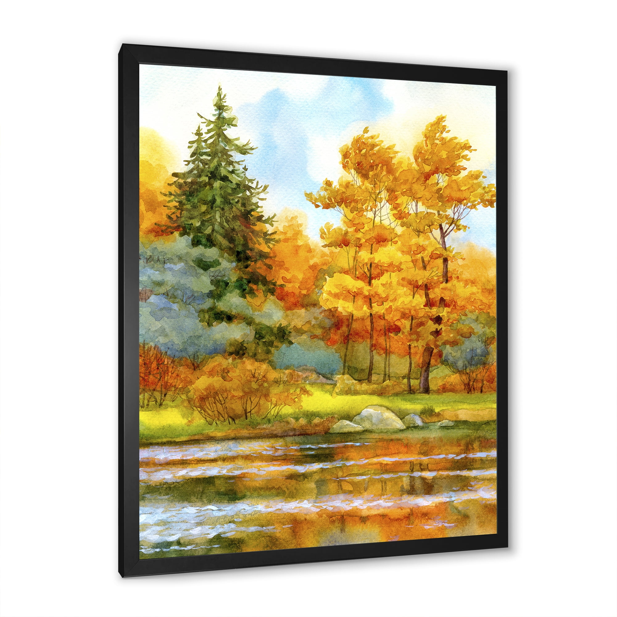 Designart 'Autumn Forest By The Lake Side I' Lake House Framed Art Print