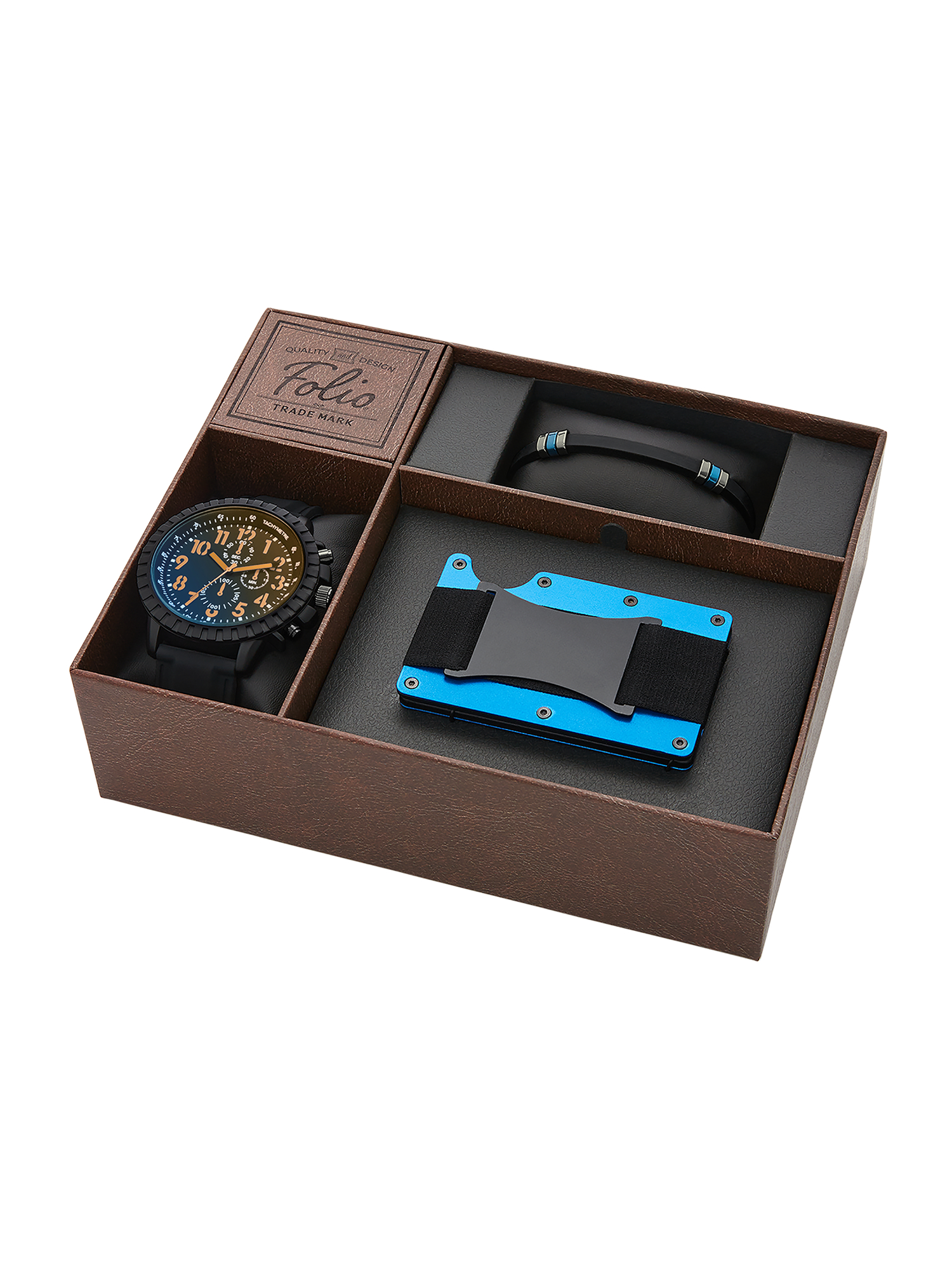 Folio Men's Black Round Analog Watch with Black Silicone Strap, Fashion Bracelet and Blue Metal Card Case Gift Set (FMDAL1141) - image 3 of 3