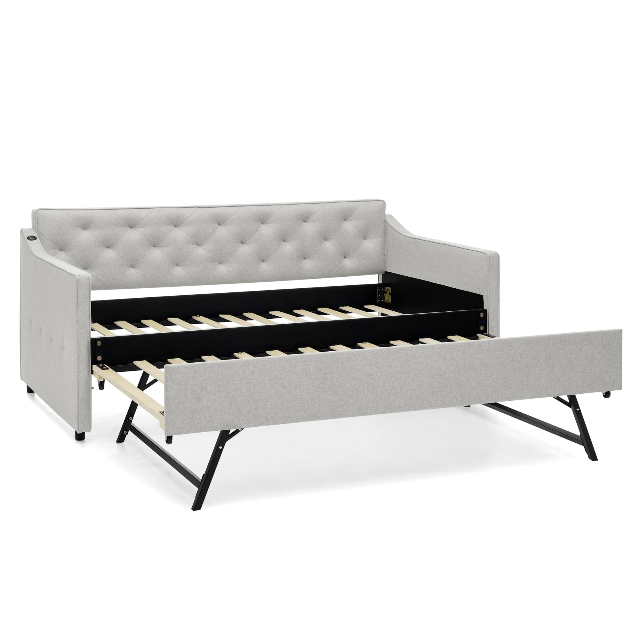 Noble House Belric Twin Size Linen Tufted Daybed, Sofa Bed Frame with Pop-Up Trundle and Built-In Charging Port, Beige