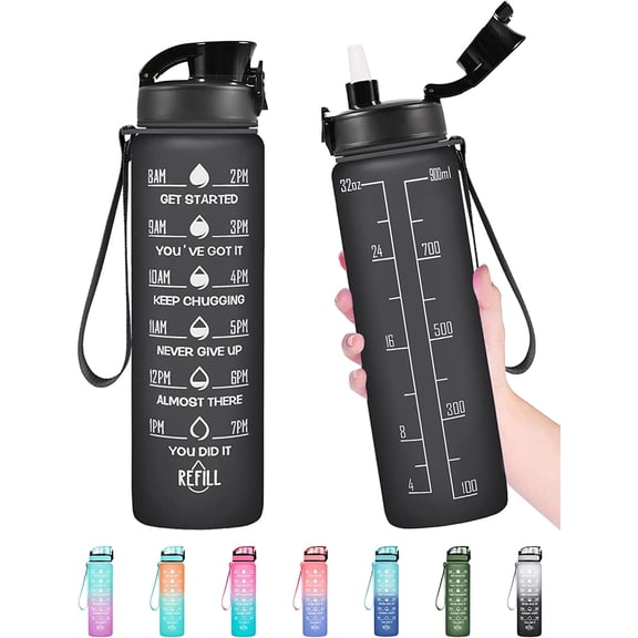 32 OZ Water Bottle, Leakproof BPA & Toxic Free, Motivational Water Bottle with Times to Drink and Straw, Fitness Sports Water Bottle with Strap for Office, Gym, Outdoor Sports