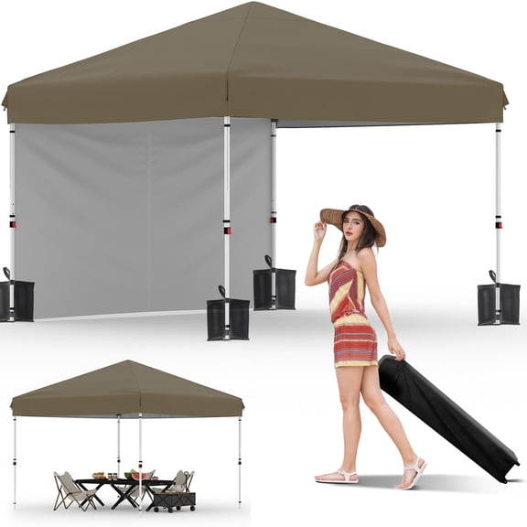 10x10 Pop Up Canopy Tent with 1 Removable Sidewall, Heavy Duty Commercial Instant Shelter with One-Person Setup, UPF 50 Waterproof, 100 Sq Ft Shade for Outdoor Events, Camping, Farmers Market