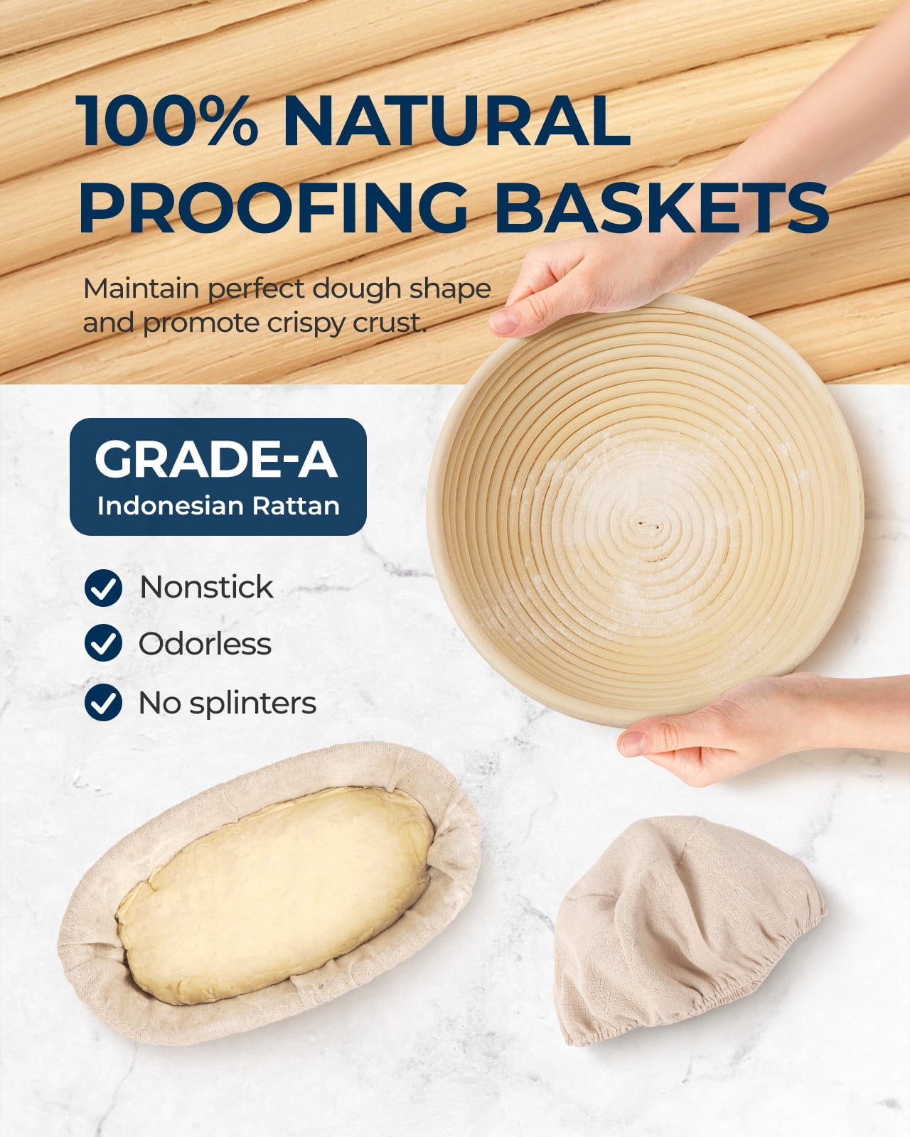 Banneton Proofing Basket Set of 2, 10 Inch Round & Oval Cane Bread Proofing Baskets with Sourdough Bread Baking Supplies, Bread Making Kit