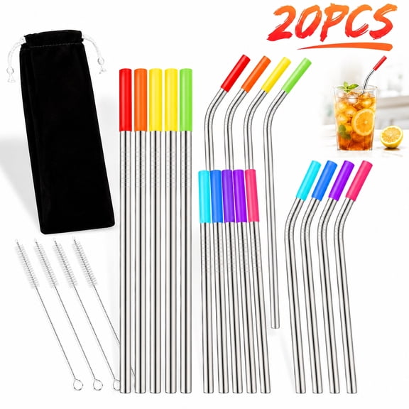 Ustris 20PCS Reusable Stainless Steel Straws with Travel Case Cleaning Brush Silicone Tips Eco Friendly Extra Long Metal Straws Drinking for 20 24 30 oz Tumbler