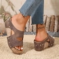thumbnail image 4 of Rokment Women's Vintage Platform Wedge Slip on Walking Sandals Comfortable Leather Studded Open Toe Chunky High Heels Backless Half Slippers Hollow out Dress Slides Beach Summer Mules Brown Size 7.5, 4 of 6