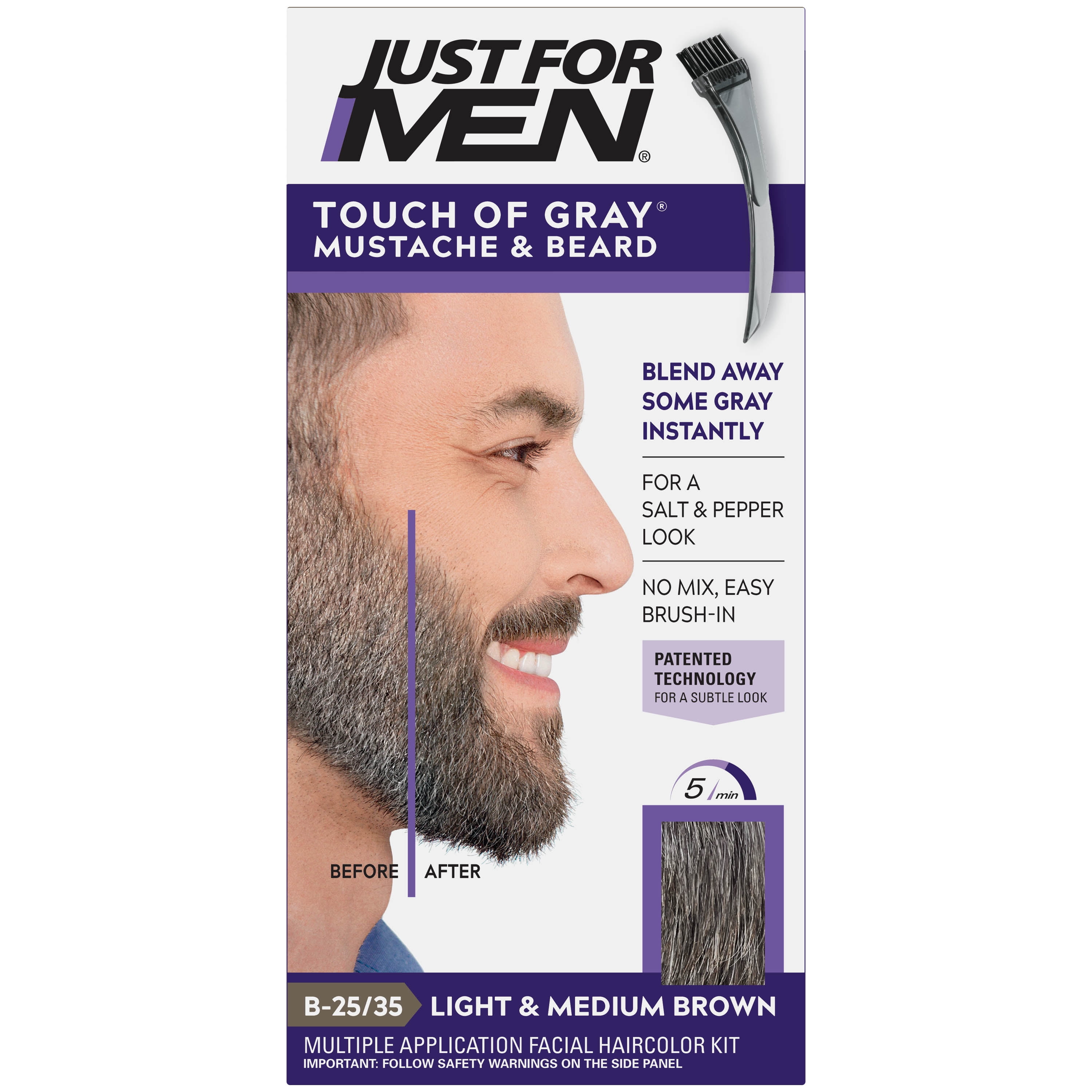 Just For Men Touch of Gray Mustache, Beard, Easy Brush-in Facial Hair Color  Gel, B 25/35, Light, Medium Brown 