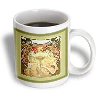 Nouveau Ceramic - 3dRose Muchas Art Nouveau Painting Of Pretty Lady With Flowers Around Her.jp, Ceramic Mug, 11-ounce