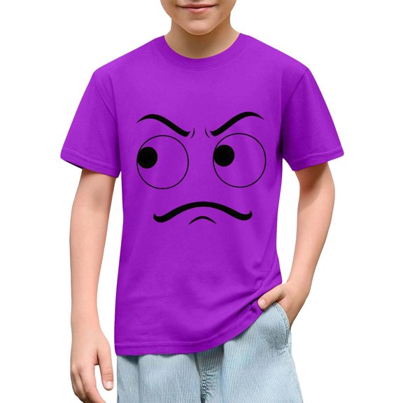 Boys Funny Graphic Tee, Kids Angry Face T-Shirt 100% Cotton, Purple Face Print Print Short Sleeve Shirt, Comfortable Playwear Sizes 4-12,Size 4 T