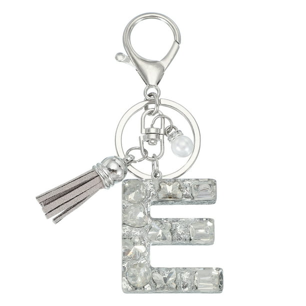 Llave de letra inicial Uxcell con borlas y perlas, llavero de letra E brillante con strass y anillo para llaves, bolso, carteras, llaves de coche, taza, plata