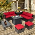 thumbnail image 3 of Topbuy 9PCS Outdoor Patio Furniture Set with 30" Propane Fire Pit Table PE Wicker Space-Saving Sectional Sofa Set w/ Storage Box & Red Cushions, 3 of 10