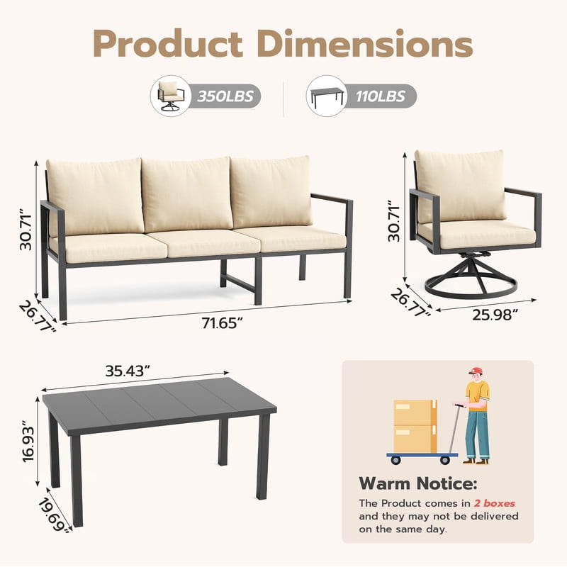 MRUAKA 4-Piece Outdoor Patio Conversation Set, Metal Frame Furniture Sofa with Armchairs & Coffee Table, Weather-Resistant Cushions for Balcony, Deck, Poolside Beige