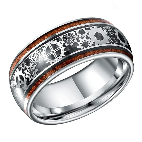 Wedding Rings Men & Women. 8mm Silver & Wood Tungsten Band Silver Gears