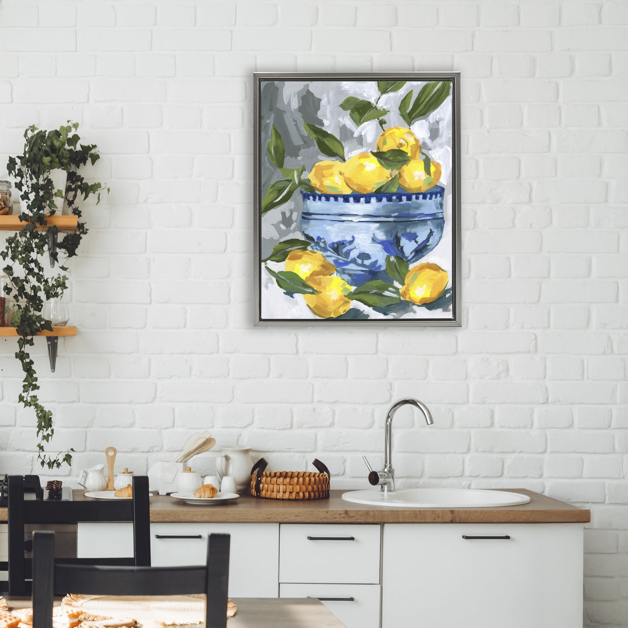 Stupell Industries Indigo & Lemon Bowl Gray Framed Floater Canvas Wall Art, design by Melissa Wang