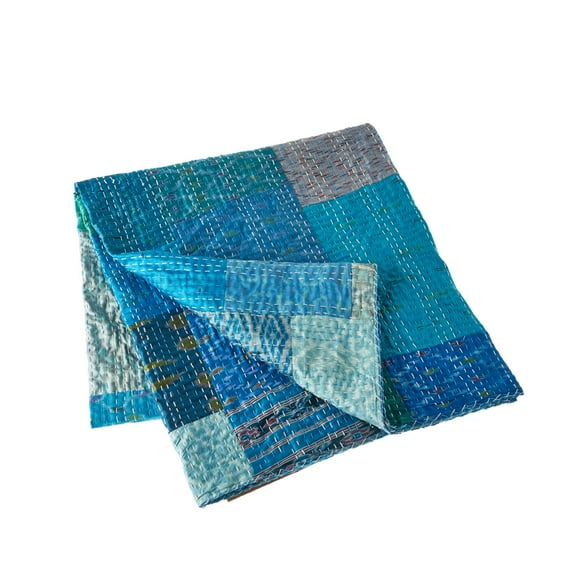 Laddha Home Designs Blue and Green Checkered Handmade Throw Blanket 50" x 70"