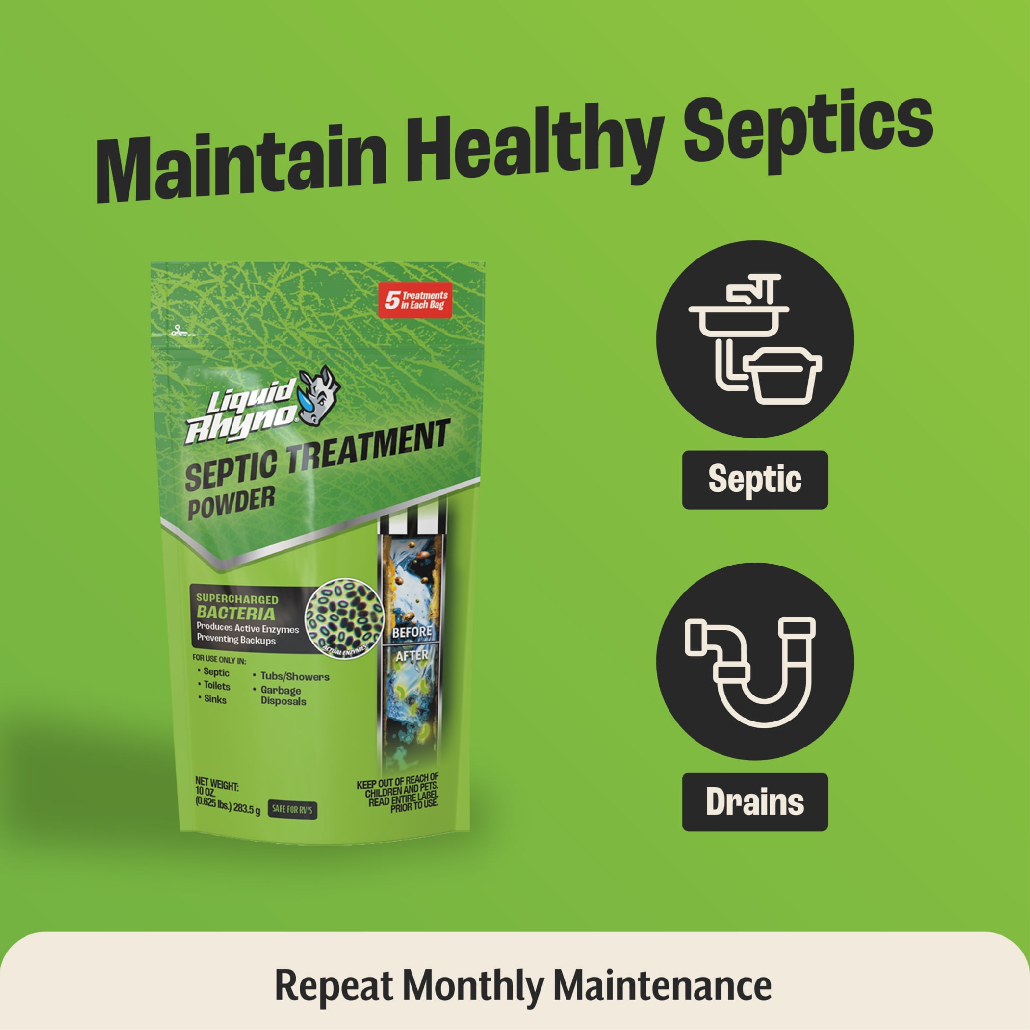 Liquid Rhyno 10 Fluid Ounces Septic Maintenance Treatment Powder, 5 Doses, 1-Pack