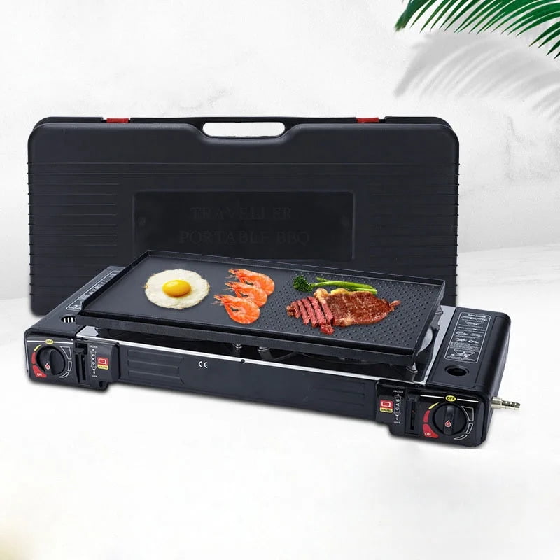 2 Burner Portable Gas Stove Dual-use Outdoor Camping Gas Cooker BBQ Grill Tabletop Cassette Stove with Baking Plate 62.8*28*12cm