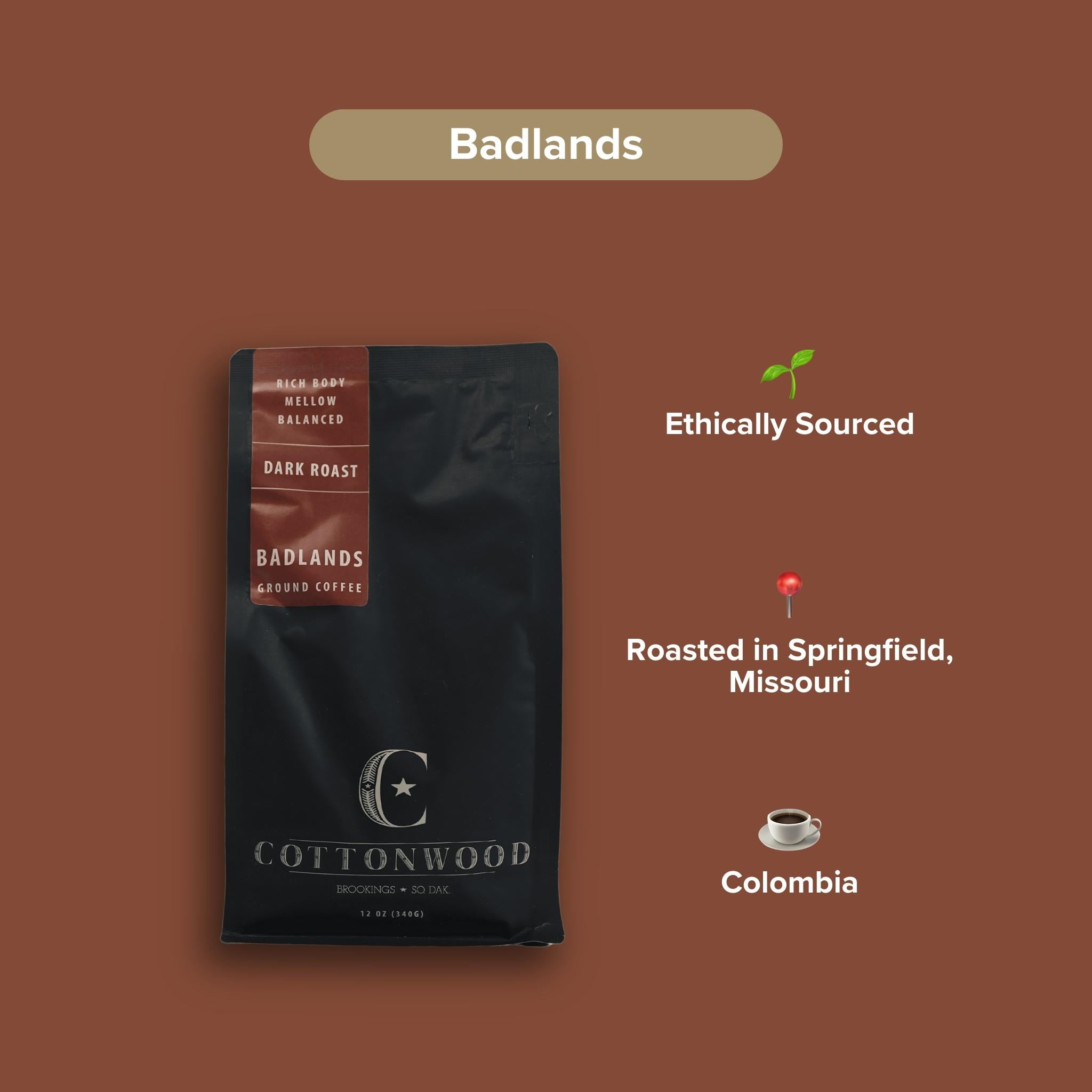 Local Cottonwood Coffee Badlands Blend, Naturally Caffeinated Dark Roast Coffee, Ground, 12oz