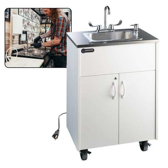 Ozark River Manufacturing Premier S1D, Portable Sink Hand Wash Station, 110V, Deep Stainless Sink Basin-White Laminate Cabinet