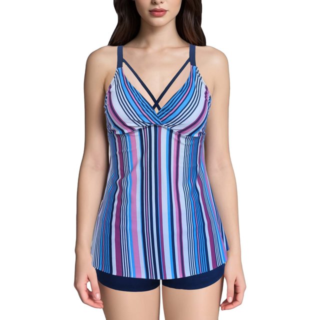 Fadeal Bathing Suit for Women Women Plus Size Tankini Swimsuits Two Piece Color Block Cutout Flowy Tummy Bathing Suits with Shorts Tankini Swimsuits for Women Blue L