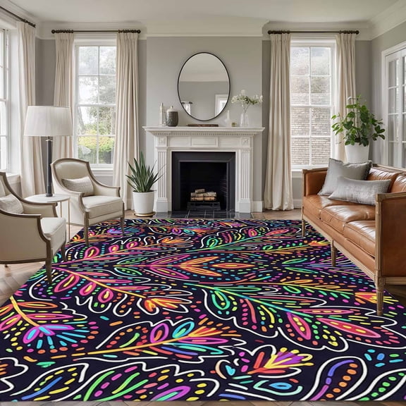 Area Rug for Living Room, Mexico Flower Non-Slip Indoor Large Carpet for Bedroom/Dining Room, Abstract Geometric Colorful Floral Plant Washable Low-Profile Rectangle Floor Runner Rugs - 5 x 8 Ft